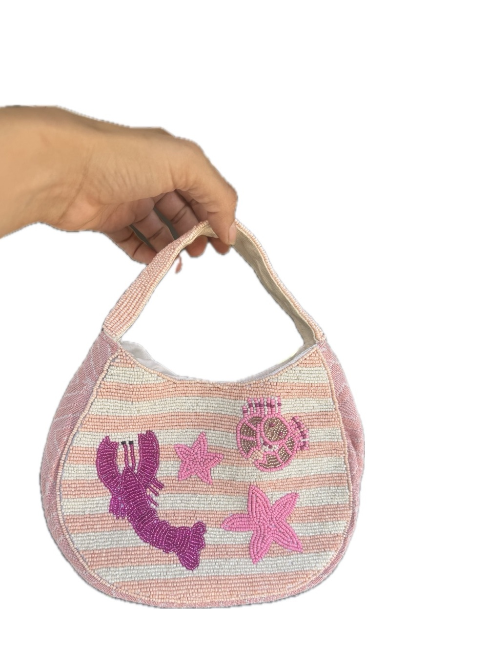 Pink Striped Beaded Mini Bag with Mermaid & Starfish Accents